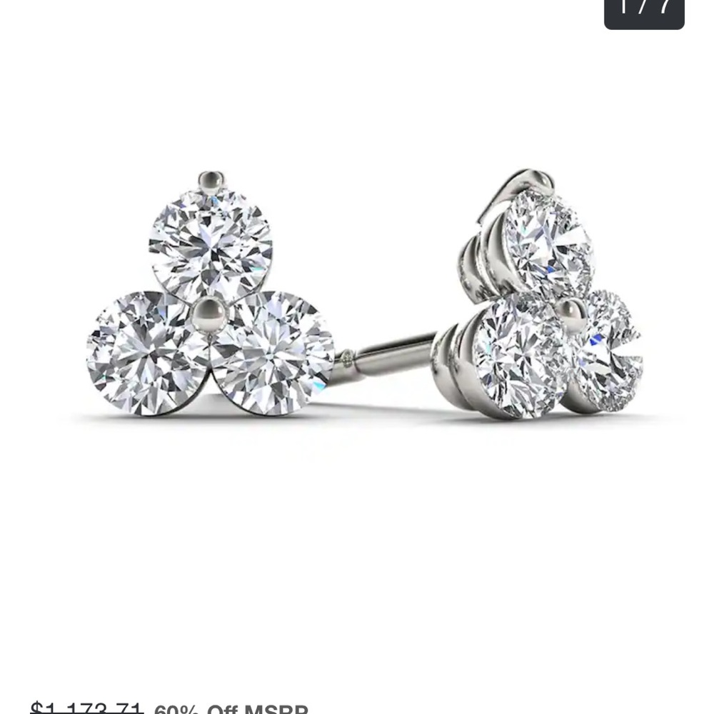 10K White Gold 1/3ct Diamond 3 Stone Stud Earrings - Picture 2 of 2